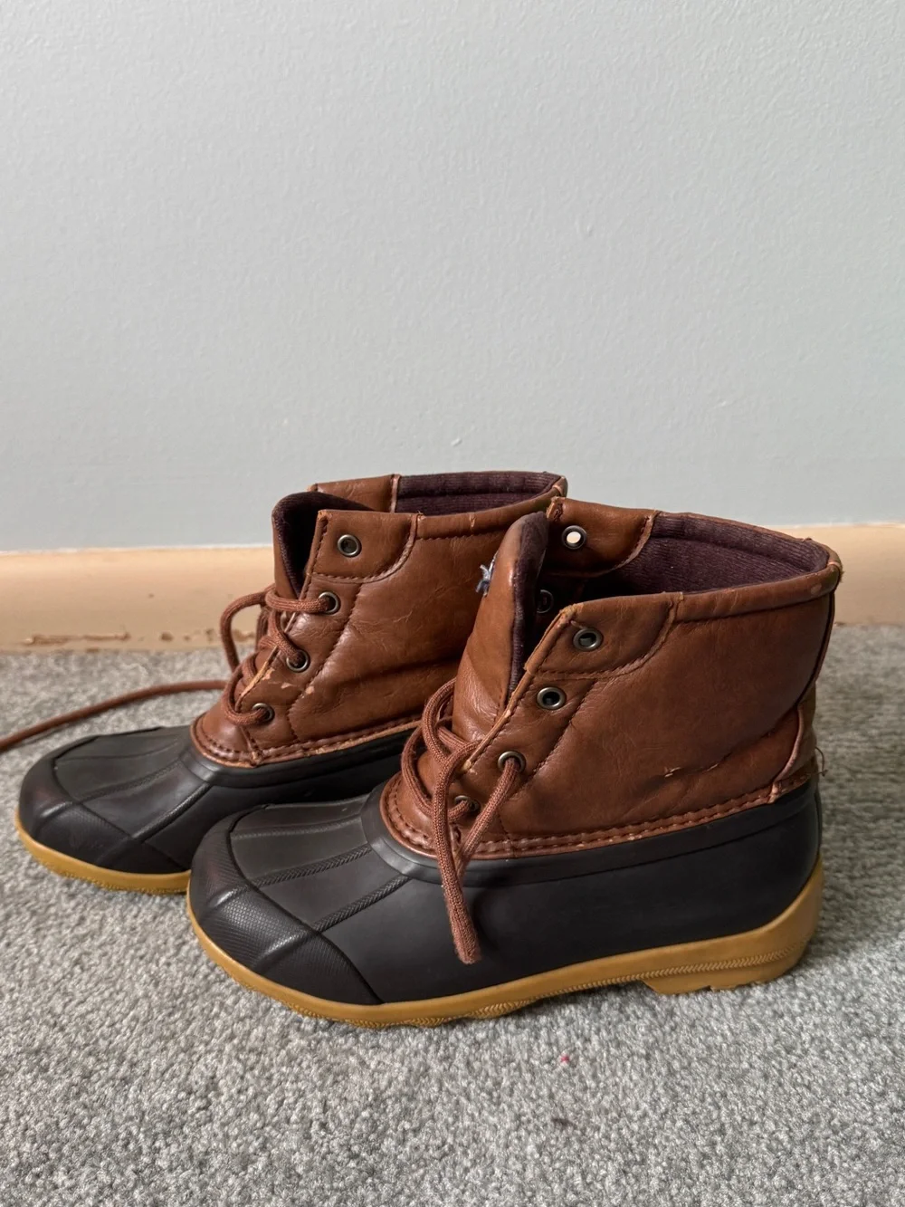 Sperry Kids Brown Leather & Dark Brown Rubber Rain Boots with Tan Soles